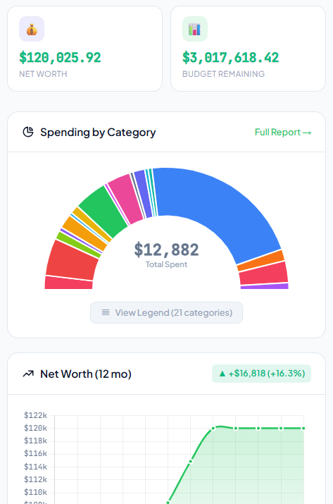 ExpenseBuddy dashboard showing accounts, budgets, and net worth at a glance